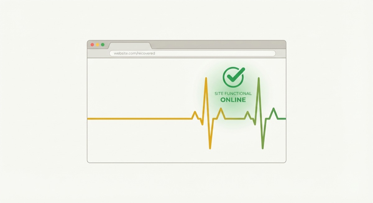 Browser window with a heartbeat line that recovers from flatline to healthy pulse